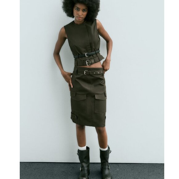 NWT ZARA Set - Belted Vest & Midi Cargo Pocket Pencil Skirt Utility Khaki Cotton